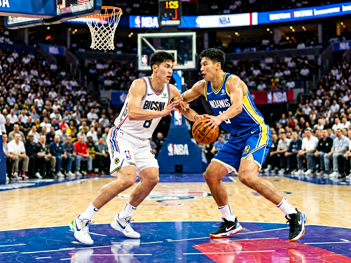 NBA篮球比赛现场，球员在球场进行激烈对抗