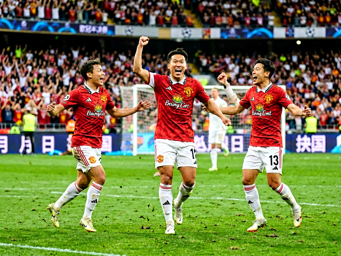 足球比赛进球庆祝瞬间，球员在球场激情庆祝